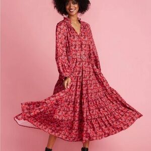 Crosby by Mollie Burch Red Floral Ruffle Mimi Dress In Floral Verbena Size XS